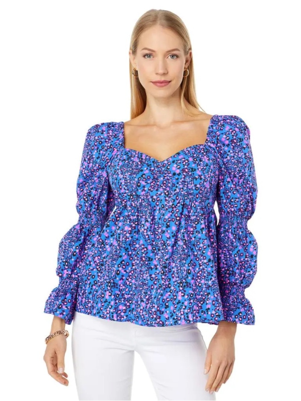 NWT Lilly Pulitzer Preslee Floral Square-Neck Puff Sleeve Blouse